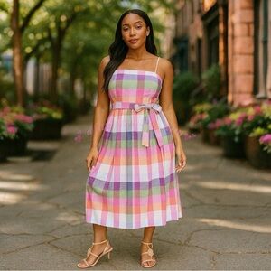 Kate Spade Plaid Tie-Waist Midi Dress Red/Pink/Green/Blue NWT